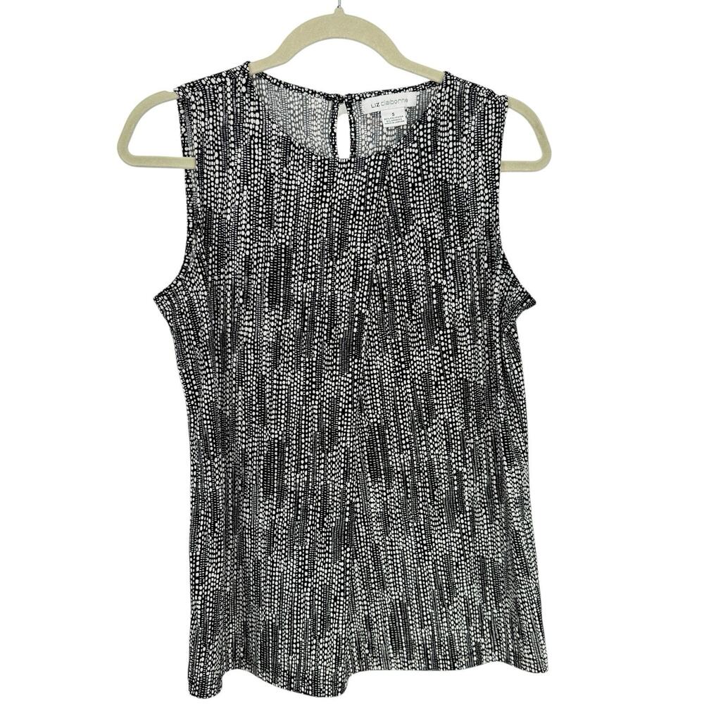 Liz Claiborne Sleeveless Top Small Black White Geo Print Stretch Knit - Picture 2 of 11